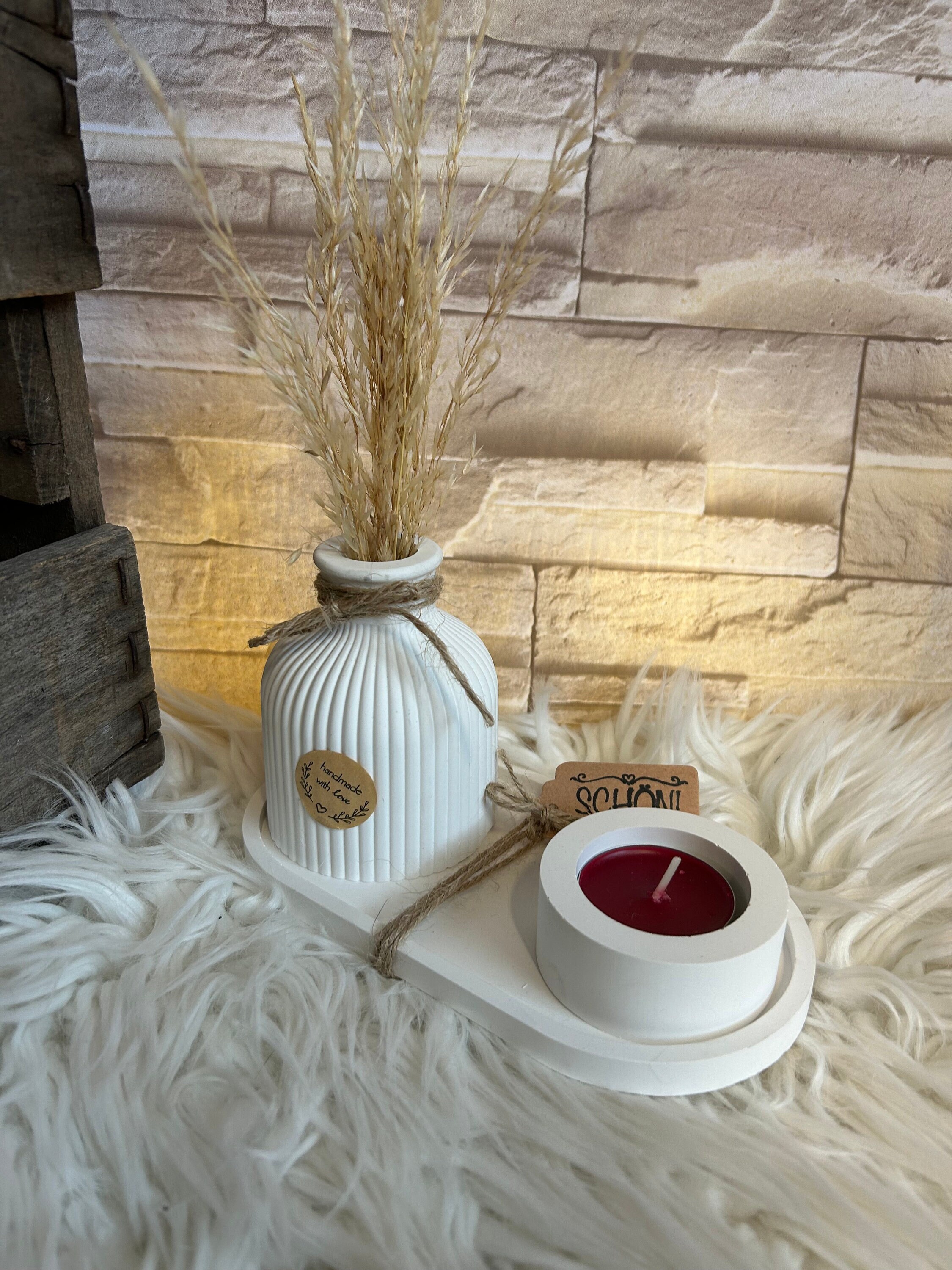 GILDE 6-teiliges Deko-Set Natur – Mit Teelichthaltern, Vase & Holztablett