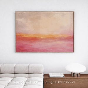Blush Orange Pink Abstract Landscape Canvas Wall Art, Horizontal Modern Neutral Wall Decor, Soft Sunset Canvas Print for Living Room CA-167