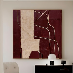 Burgundy Abstract Canvas Wall Art, Modern Luxury Framed Canvas, Minimal Beige and Wine Red Abstract PrintCA-53