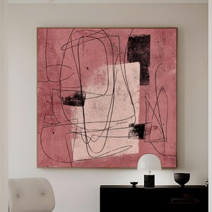 Puede incluir: Impresión artística abstracta sobre lienzo. La obra presenta un fondo rosa con formas y líneas geométricas negras y blancas. El texto "CURIOSITY ES ART | HIGH QUALITY CANVAS" está en la parte inferior.