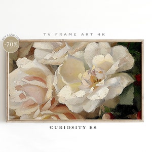 Puede incluir: Un primer plano de una pintura de rosas blancas, realizada con un estilo suave y pictórico. Las rosas están en foco, mientras que el fondo está desenfocado. La pintura tiene un ambiente cálido y acogedor.