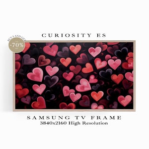 Puede incluir: Una impresión de arte digital sobre un fondo oscuro con muchos corazones rosas y rojos superpuestos. La impresión está enmarcada en un marco de madera claro. El texto "CURIOSITY ES" está en la parte superior de la imagen. El texto "SAMSUNG TV FRAME 3840x2160 High Resolution" está en la parte inferior de la imagen.