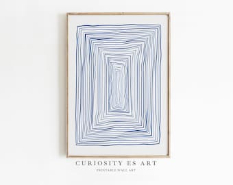 Blaue abstrakte minimalistische Wandkunst, ästhetischer Druck in Indigoblau, geometrische Strichzeichnung, Blau und Weiß, Wohnzimmerdekor, Schlafzimmerdekor, 1-19.