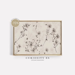 Puede incluir: Una impresión enmarcada con un diseño floral vintage en blanco y negro sobre un fondo crema. El texto "CURIOSITY ES" y "VINTAGE COLLECTION" está impreso debajo de la imagen.