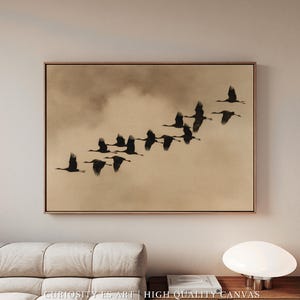 Minimalist Crane Wall Art, Framed Canvas, Minimalist Nature Artwork in Warm Neutral Tones, Modern Living Room Decor CA-36