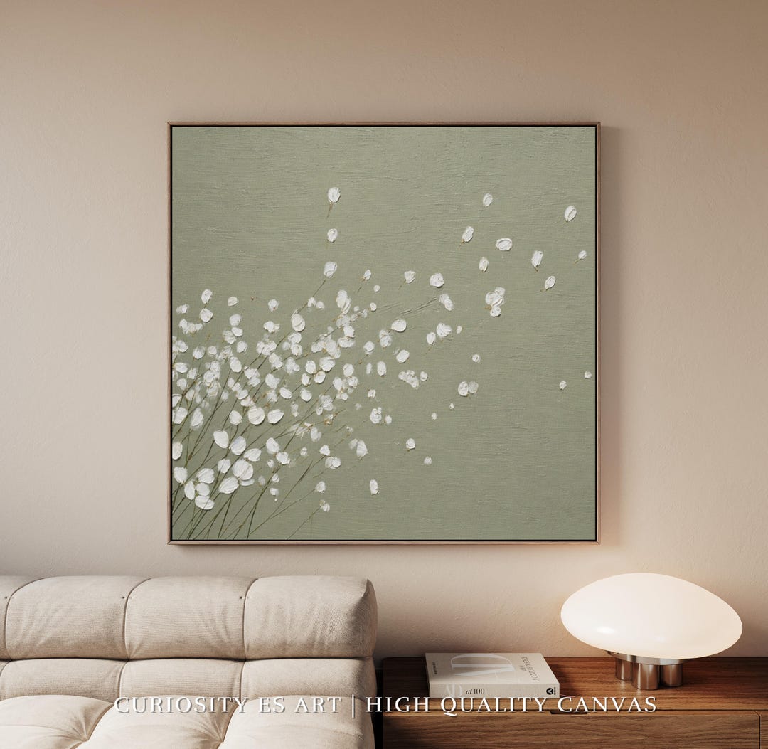 Sage Green Abstract Canvas Wall Art, Square Neutral Botanical Painting ...