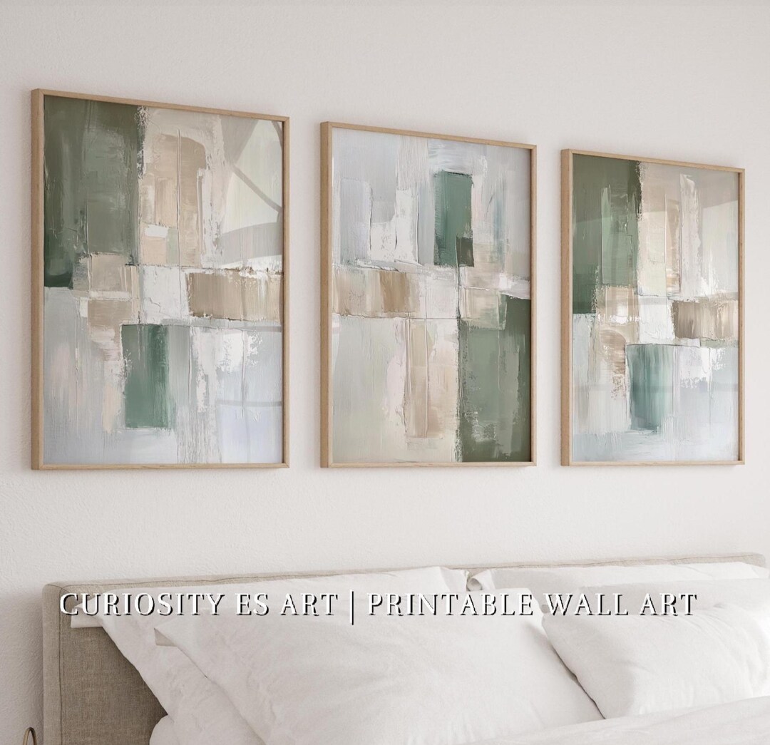 Sage Green Abstract Wall Art Set of 3, Beige Neutral Printable Art ...