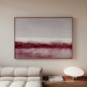 Vinröd abstrakt canvastavla, neutral beige och vit minimalistisk målning, modern färgblockskonstverk med flytande ram CA-93