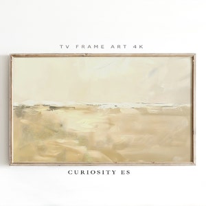 Puede incluir: Pintura abstracta en tonos beige y crema con una línea horizontal en el medio. La pintura está enmarcada en un marco de madera claro. El texto "TV FRAME ART 4K" está por encima de la pintura y el texto "CURIOSITY ES" está por debajo de la pintura.