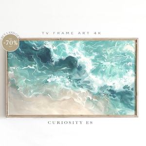 Puede incluir: Pintura abstracta de olas del océano en tonos de azul y verde con espuma blanca. La pintura está enmarcada en un marco de madera claro. El texto "TV FRAME ART 4K" y "CURIOSITY ES" son visibles debajo de la pintura.