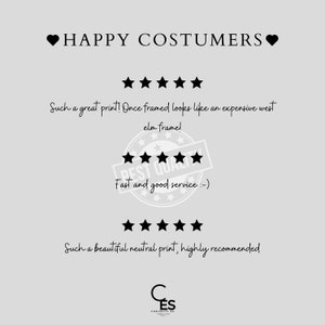 May include: Five-star reviews for a print. The text reads "Such a great print! Once framed looks like an expensive west elm frame!"  "Fast and good service :-)"  "Such a beautiful neutral print, highly recommended."