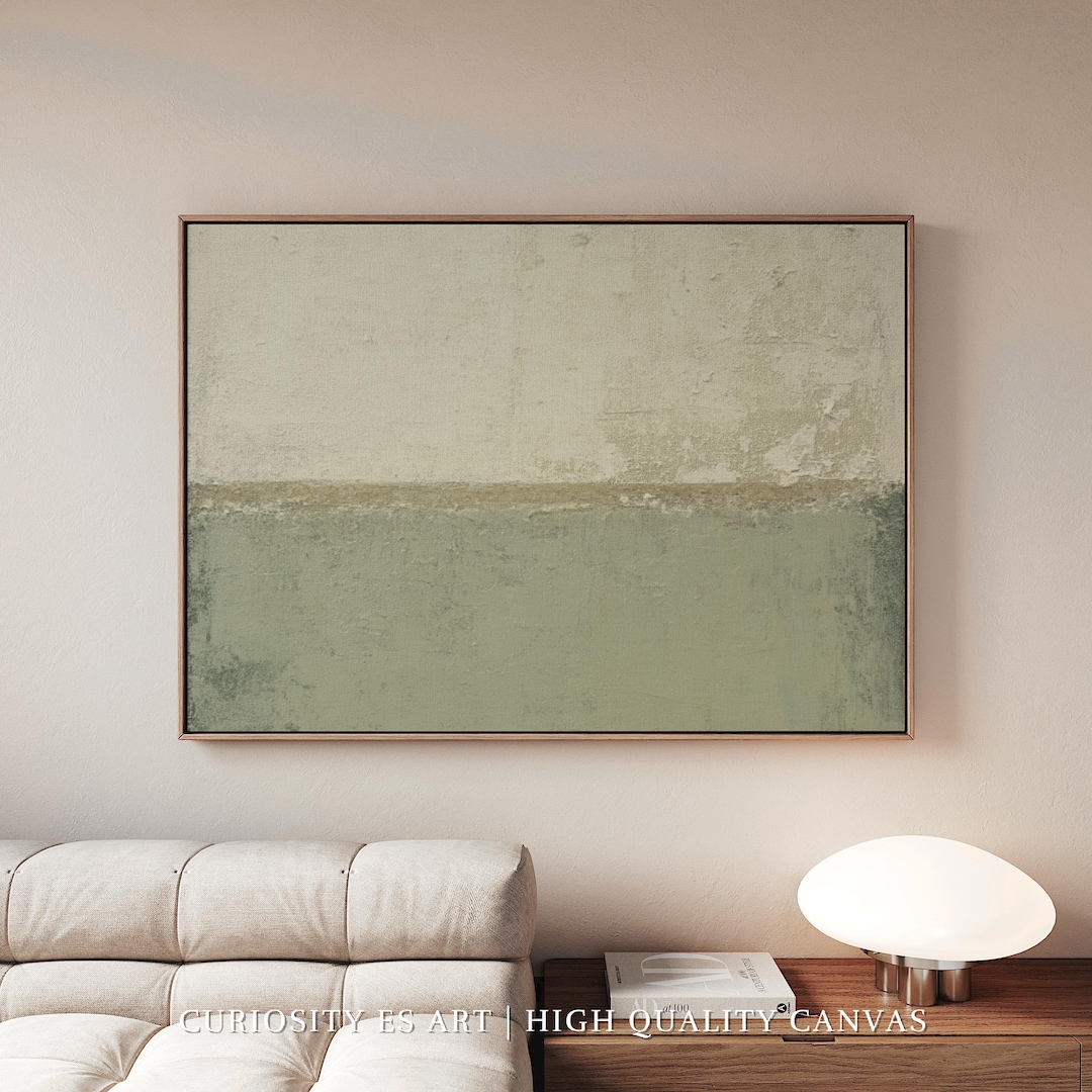 Sage Green Abstract Canvas Art, Neutral Textured Horizontal Painting ...