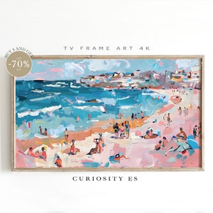 Puede incluir: Una pintura que representa una escena de playa con gente en la arena y en el agua. El cielo es azul con nubes rosas. El océano es azul y verde con olas blancas. La arena es rosa y blanca. La pintura está en un marco de madera. El texto "TV FRAME ART 4K" está en la parte superior de la pintura. El texto "CURIOSITY ES" está en la parte inferior de la pintura.
