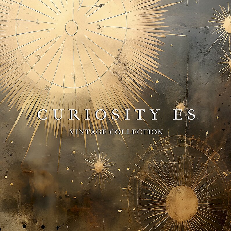 May include: A vintage-inspired design with a gold and black color scheme. The image features a stylized sunburst with the text "CURIOSITIES" and "VINTAGE COLLECTION" in white.