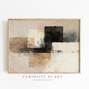 Puede incluir: Impresión artística abstracta con un diseño geométrico en tonos neutros. La obra de arte incluye bloques de beige, marrón, negro y blanco, creando una estética moderna y minimalista. El texto "CURIOSITY ES ART" y "PRINTABLE WALL ART" está en la parte inferior.