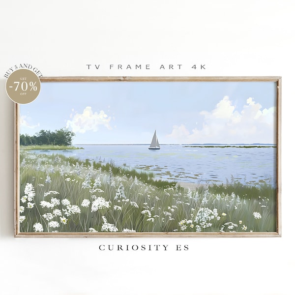 Samsung Frame TV Art,Coastal Sailboat Framed TV Art,Vintage Style Seascape Lake Painting,Green Summer Lake Frame Tv Art,Exclusive,STF-135