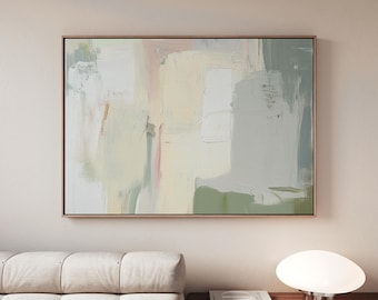 May include: Abstract painting on canvas with a gold frame. The artwork features a palette of soft colors, including white, pale green, and pink, with visible brushstrokes. The text "HIGH QUALITY CANVAS" is visible.