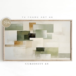 Puede incluir: Impresión de arte abstracto en un marco de madera con fondo blanco y formas geométricas en tonos de verde, marrón y beige. El texto "CURIOSITY ES" está impreso debajo de la imagen.