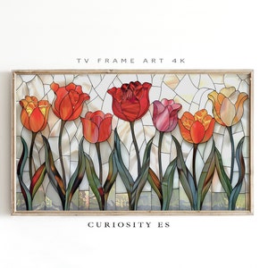 Spring Samsung Frame TV Art, Vintage Tulips Stained Glass Painting, Rustic Farmhouse Decor, Digital Wall Art, Easter Wall Decor,STF-115