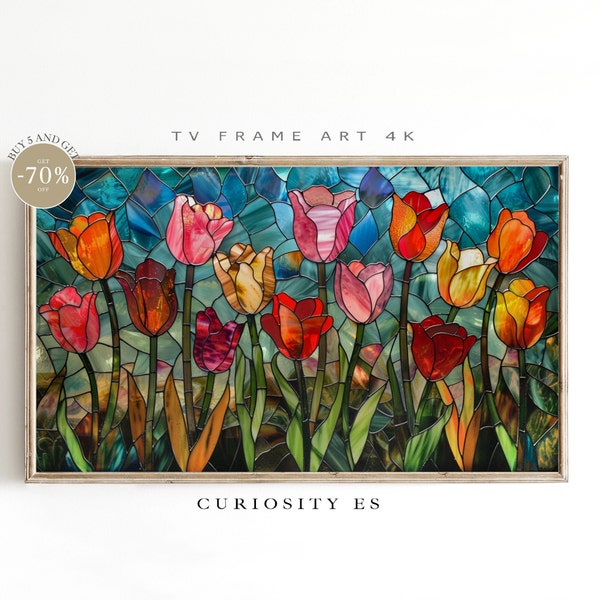 Spring Samsung Frame TV Art, Vintage Tulips Stained Glass Painting, Rustic Farmhouse Decor, Digital Wall Art, Easter Wall Decor,STF-112.