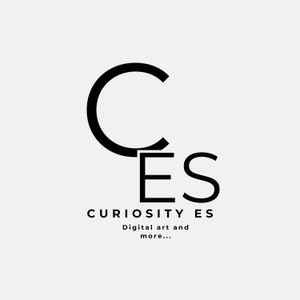 May include: Black and white logo with the letters "CES" stacked on top of each other. The "C" is a circle and the "E" and "S" are inside the circle. The text "CURIOSITY ES" is below the logo. The text "Digital art and more..." is below the text "CURIOSITY ES".