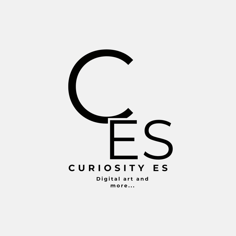 May include: Black and white logo with the letters "CES" stacked on top of each other. The "C" is a circle and the "E" and "S" are inside the circle. The text "CURIOSITY ES" is below the logo. The text "Digital art and more..." is below the text "CURIOSITY ES".