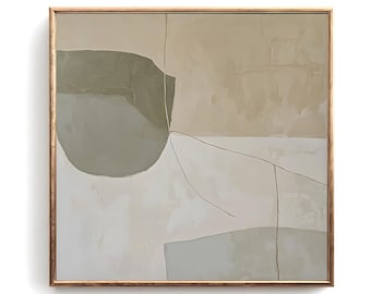 May include: Abstract wall art print in a gold frame. The artwork features muted tones of beige, olive green, and white, with geometric shapes and thin brown lines. The text at the bottom reads "CURIOSITY ES ART | PRINTABLE WALL ART."