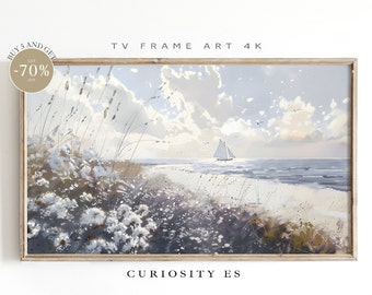 Samsung Frame TV Art,Coastal Wildflower Field,Ocean Screensaver,Beach Art for TV,Neutral Frame Tv Art,Digital Download,Exclusive,STF-134