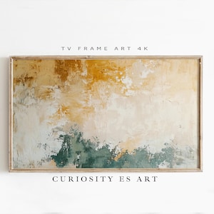 Puede incluir: Impresión artística abstracta en un marco de madera. La obra presenta una superficie texturizada con una mezcla de colores, incluyendo amarillo, blanco y verde. El texto "TV FRAME ART 4K" y "CURIOSITY ES ART" se muestra arriba y abajo.
