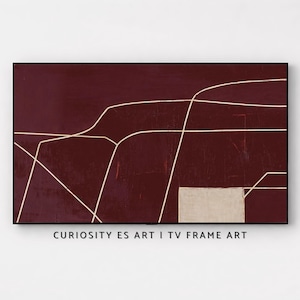 Könnte beinhalten: Abstrakte Kunst mit tiefrotem Hintergrund und weißen linearen Designs. Eine rechteckige beige Form befindet sich in der unteren rechten Ecke. Das Kunstwerk ist in einem schwarzen Rahmen eingefasst. Der Text unten lautet "CURIOSITY ES ART I TV FRAME ART".