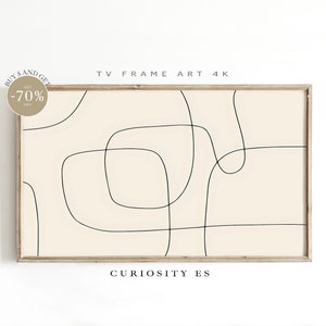 Puede incluir: Una impresión de arte abstracto minimalista con líneas en un marco beige claro con el texto "TV FRAME ART 4K" y "CURIOSITY ES" sobre un fondo blanco.