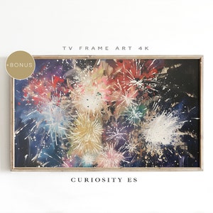 Puede incluir: Pintura abstracta de fuegos artificiales coloridos explotando en un cielo nocturno oscuro. La pintura está enmarcada en un marco de madera claro. El texto "TV FRAME ART 4K" está por encima de la pintura y el texto "CURIOSITY ES" está por debajo de la pintura.