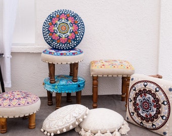 Bohemian Embroidered Footstool Decorative Upholstered Footstool Gift Indian Ottoman Pouf for Living Room & Bedroom Personalized Footstool