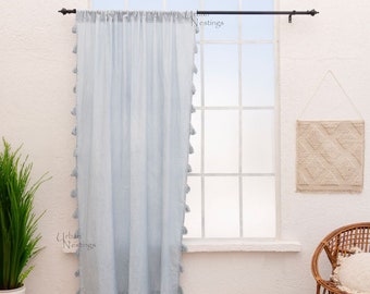 Ice gray Bohemian Cotton Sheer Curtains Tassels Cotton Curtains Handmade Fringes Breathable Bedroom Curtain Window Panel Curtain