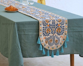 Teal Tischläufer Tischsets Set Benutzerdefinierte Größe bestickt Herbst Tischläufer Traditioneller mexikanischer gewebter Tischläufer Strand Boho Hochzeitsdekor