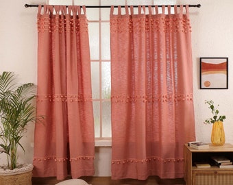 Blush Pink Cotton Curtain Pom Pom Boho Room Curtain Custom Natural light filtering Cozy bedroom Drapes Window Treatment Single Panel Only