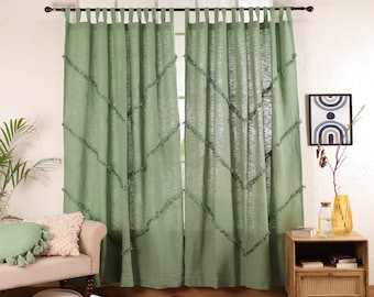 Sage Green Handmade Cotton Curtains Bohemian Tassel Trim Curtains Living room curtains Custom Curtains Bedroom Curtains Single Panel Only