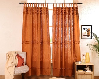 Terracotta Boho Curtains Kitchen & Bedroom Cotton drapery Custom Curtains Handmade Pom Pom Curtain Decorative curtains Single Panel Only