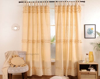 Natural Handmade Drapes Pom Pom Curtain Beige Bohemian Cotton Curtain Custom Curtains Decorative Living Room Door curtains Single Panel Only