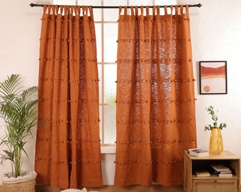 Boho Cotton Curtain Terracotta Pom Pom Custom Bedroom Curtains Rust Handmade Curtains Decorative Bed room Door curtains Single Panel Only