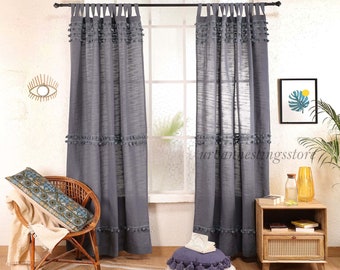 Gray Bohemian Cotton Curtain Custom Pom Pom Curtain Natural light filtering Cozy bedroom window treatment Single Panel Only