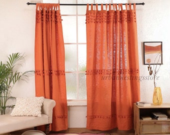 Rideau à pompons orange brûlé, rideau en coton bohème fait main, rideaux personnalisés rouille, rideaux de porte décoratifs pour chambre à coucher, panneau unique