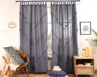 Charcoal Handmade Pom Poms Curtain Fringes Custom Curtains Bedroom Curtain Cotton Curtains Living room curtains Single Panel Only