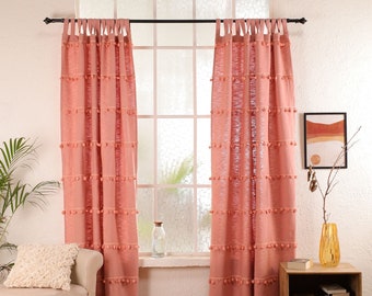 Blush Pink Cortina decorativa Borla Recortar Acogedoras cortinas personalizadas Boho Algodón Hecho a mano Hippie Cortinas Cortinas de sala de estar Solo panel