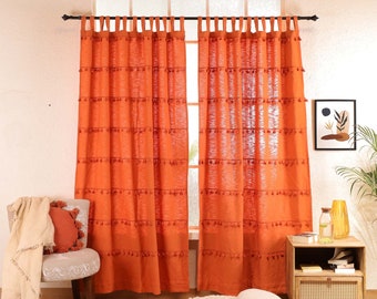 Handmade Natural Organic Cotton Airy Curtains Boho Bedroom Curtain Burnt Orange Pom Pom Bedroom Hippie curtains Single Panel Only