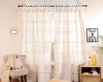 White Cosy Window Curtain Handwoven Cotton Curtains Ivory Boho Cotton Curtain Handmade Pom Pom Custom Living Room Curtains Single Panel Only