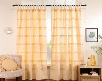 Rideaux à pompons naturels faits main, rideau en coton beige, rideaux décoratifs bohèmes pour chambre à coucher, rideaux de porte pour chambre à coucher, panneau unique personnalisé