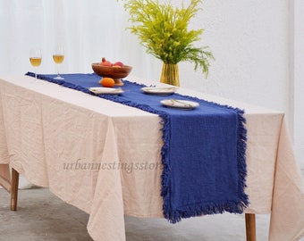 Blue Nordic Table Runner Fringed Cotton Boho Long Table Runner Placemats Set Decor Custom Size Kitchen Table French style linen table runner