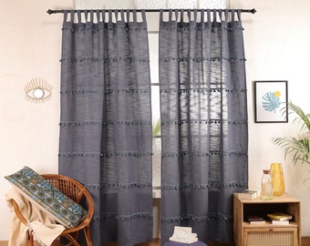 Decorative Natural Cotton Curtain Charcoal Custom Pom Pom Curtain Boho Handmade Curtain bathroom kitchen & bedroom drapery Single Panel Only