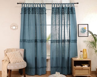 Teal Boho Cotton Curtains Bedroom drapery Custom Pom Pom Curtains Handmade Kitchen & Bed Room Door Living room curtain Single Panel Only